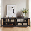 Farmhouse TV stand in black with PE rattan doors, adjustable shelves, and space for TVs up to 75 inches for stylish storage.