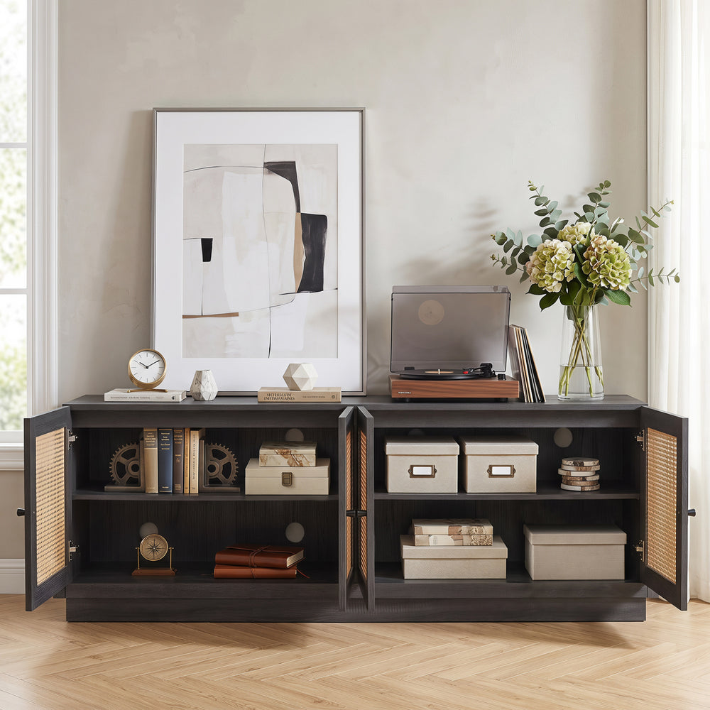 Farmhouse TV stand in black with PE rattan doors, adjustable shelves, and space for TVs up to 75 inches for stylish storage.