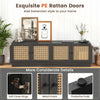 Farmhouse TV stand with black finish, PE rattan doors, and adjustable shelves for TVs up to 75 inches, enhancing Bohemian style.