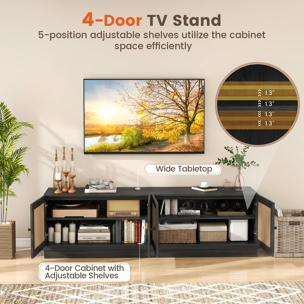 Farmhouse TV stand with black finish features 4-door cabinet, adjustable shelves, and wide tabletop for TVs up to 75 inches.