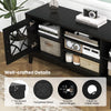 Farmhouse TV stand in black with geometric glass doors, adjustable shelves, and cable holes for organized media storage.