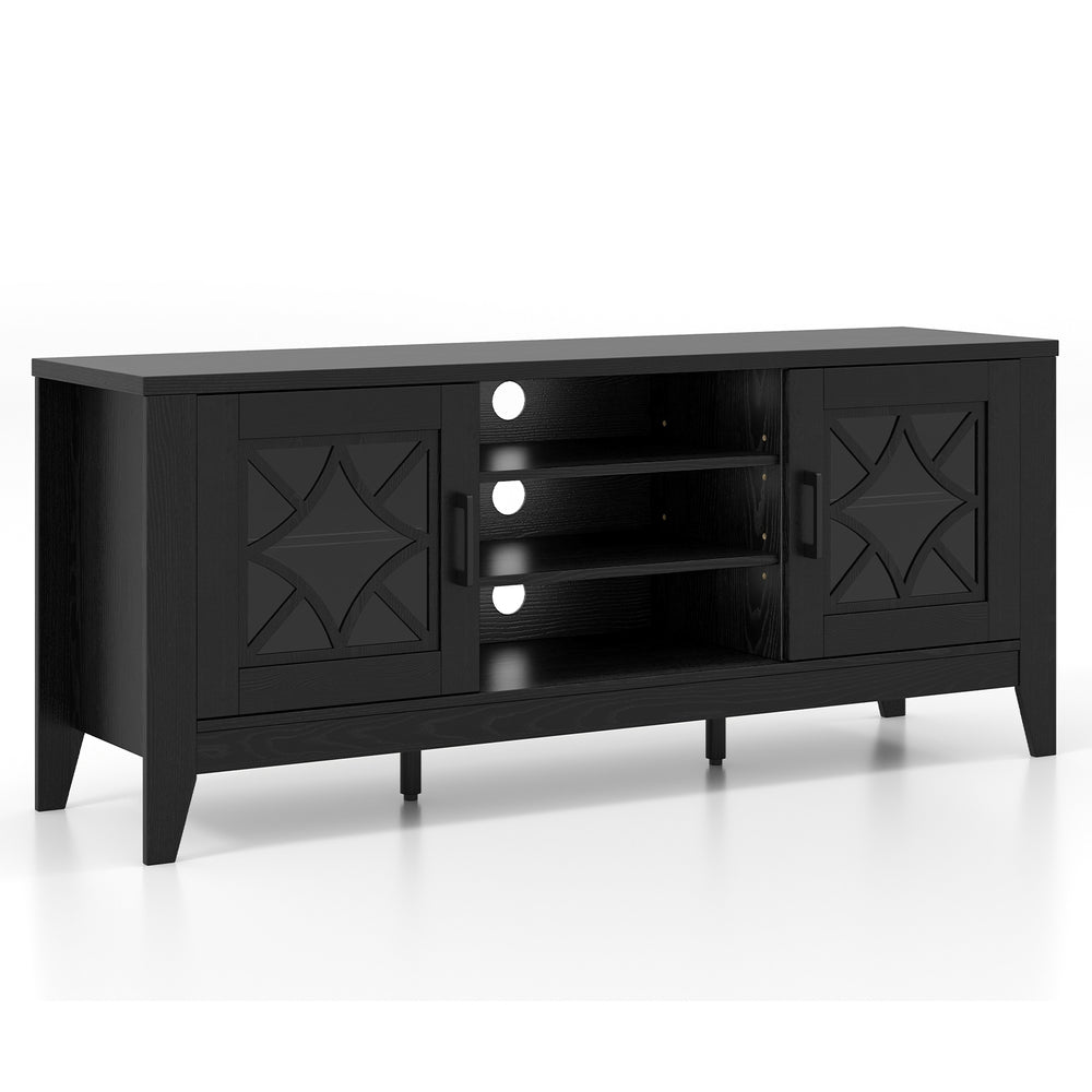 Black farmhouse TV stand with geometric patterns, holding TVs up to 65 inches, featuring 4 adjustable shelves and cable.