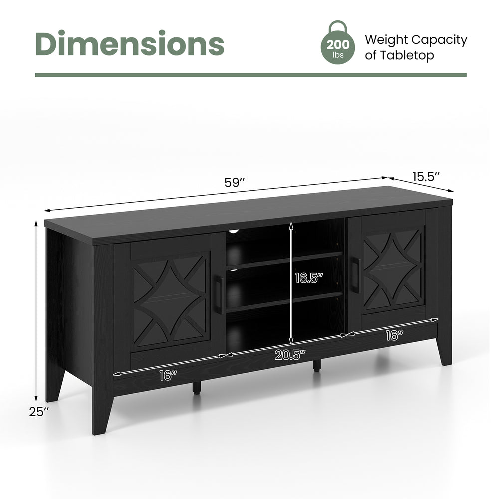 Farmhouse TV stand in black with geometric doors, featuring 4 adjustable shelves and space for TVs up to 65 inches.