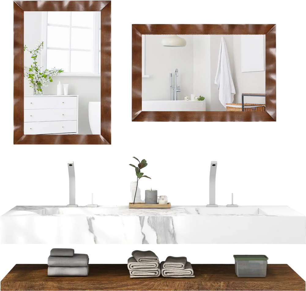 Farmhouse wall mirror with solid wood frame in brown, 41.5 x 28 inches, enhancing rustic charm in any indoor space.
