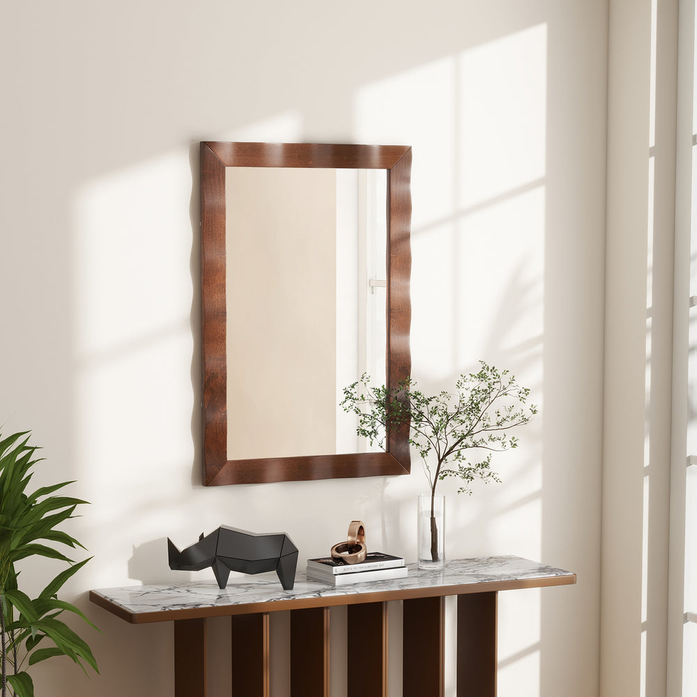 Farmhouse wall mirror with a charming brown solid wood frame, enhancing indoor spaces with clear HD reflections.