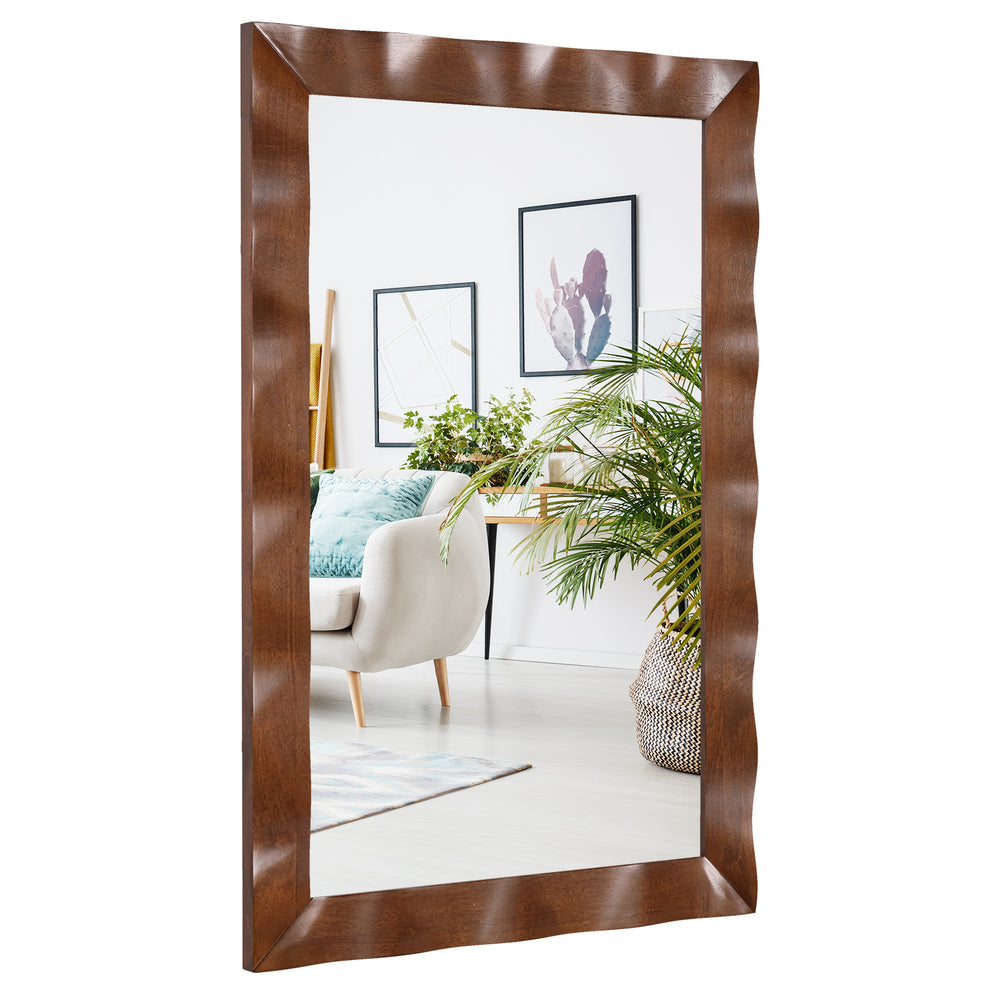Farmhouse wall mirror with a charming brown solid wood frame, 41.5 x 28 inches, perfect for enhancing indoor spaces.