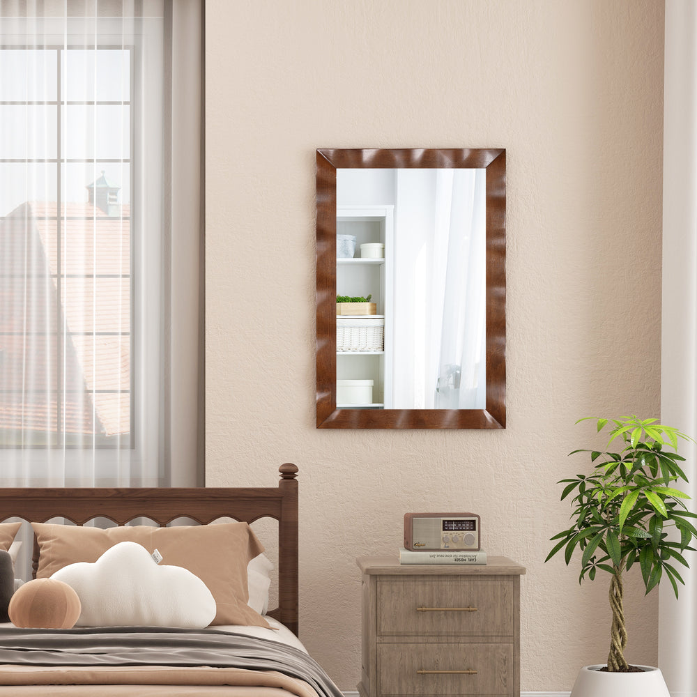 Farmhouse wall mirror with a solid brown rubberwood frame, 41.5 x 28 inches, perfect for enhancing indoor spaces.