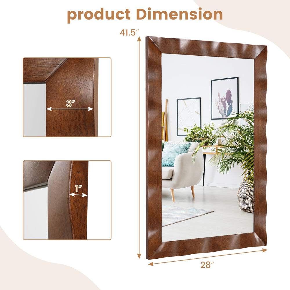Farmhouse wall mirror with a 1" thick solid wood frame in brown, measuring 41.5 x 28 inches, ideal for enhancing indoor.