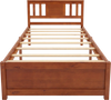 Farmhouse wooden bed frame in walnut finish with slatted headboard and sturdy wood slat support for twin size mattress.
