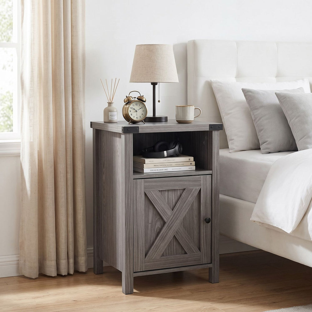 Farmhouse wooden nightstand with barn door, featuring a wide tabletop and storage cabinet, perfect for bedroom or living room use.