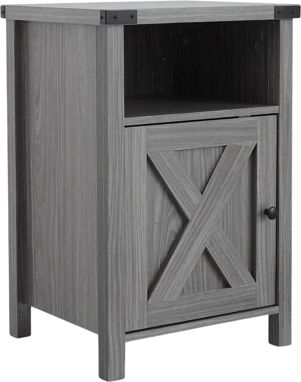 Farmhouse wooden nightstand with barn door, open shelf, and hidden storage, perfect for bedroom or living room use.