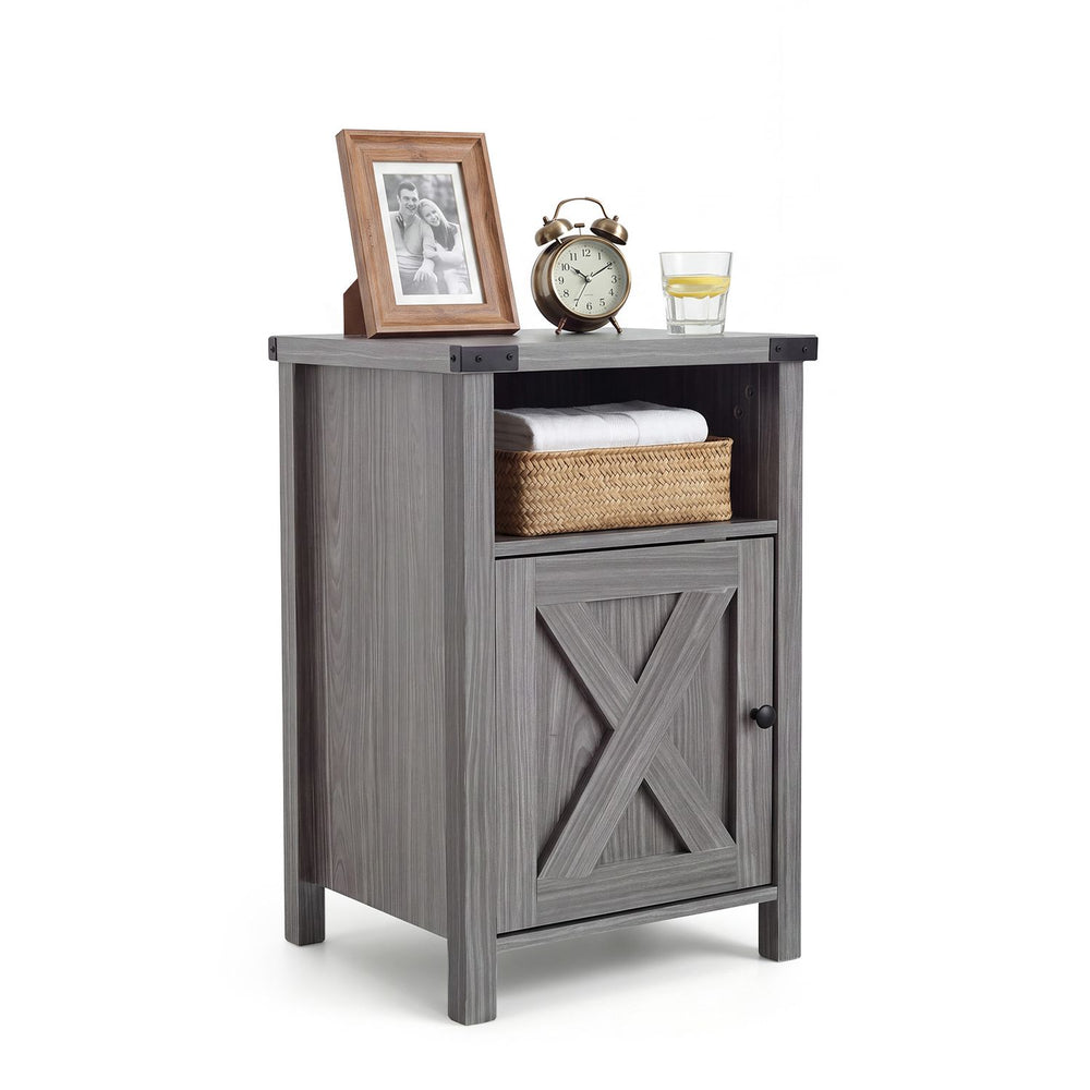 Farmhouse wooden nightstand with barn door, open shelf, and cabinet for stylish storage in bedroom or living room.