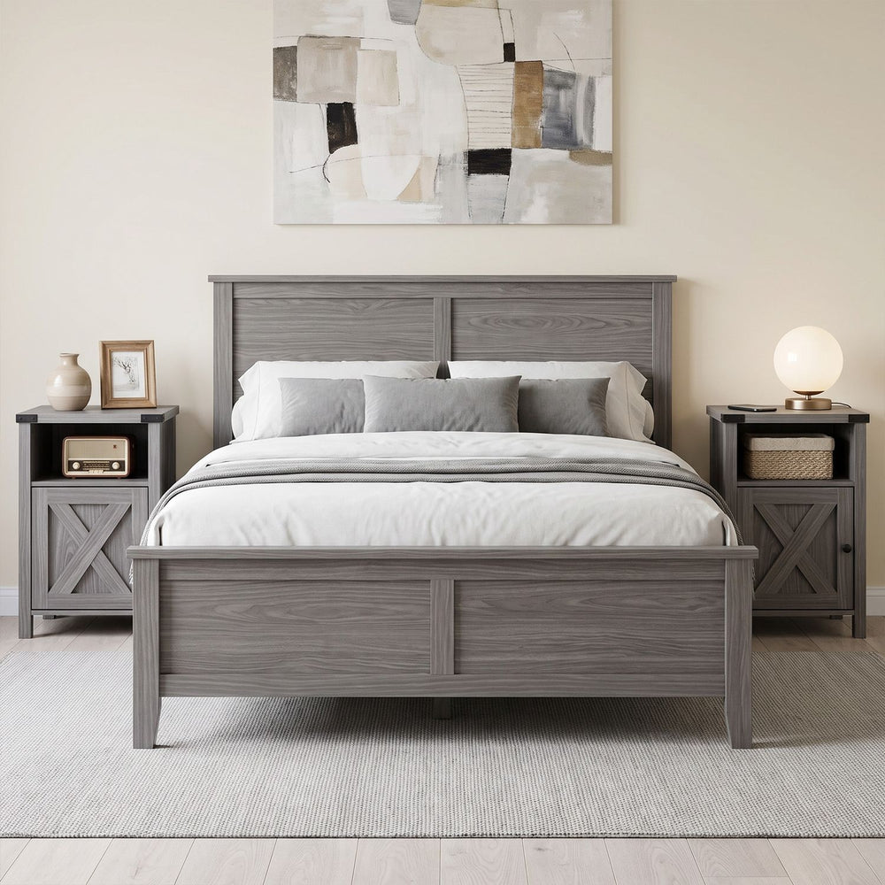 Farmhouse wooden nightstand with barn door, featuring a wide tabletop and hidden storage, perfect for bedroom or living room use.