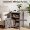 Farmhouse wooden nightstand with barn door features a wide tabletop, open shelf, and single door cabinet for versatile storage.