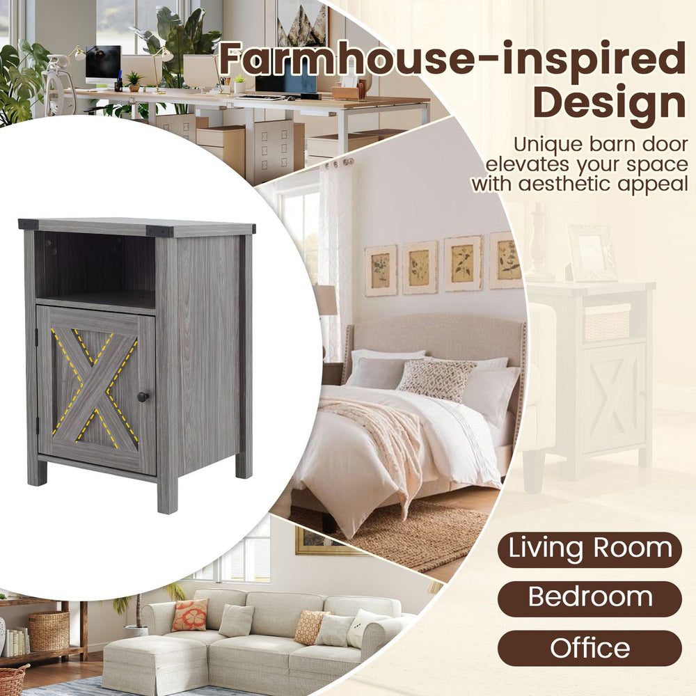 Farmhouse wooden nightstand with barn door features a wide tabletop and hidden storage, perfect for bedroom or office use.