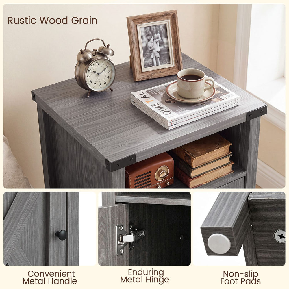 Farmhouse wooden nightstand with barn door, open shelf, and non-slip foot pads for versatile storage in any room.
