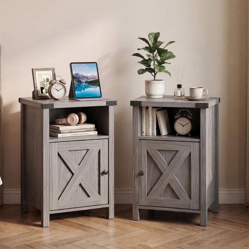 Farmhouse Wooden Nightstand with Barn Door and Storage Cabinet-2Pack - Gallery View 1 of 9