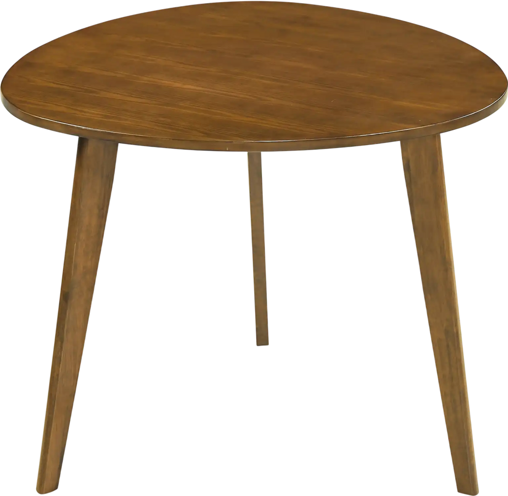 Round walnut dining table for 4 with rubber wood legs, featuring a smooth surface and compact design for small spaces.
