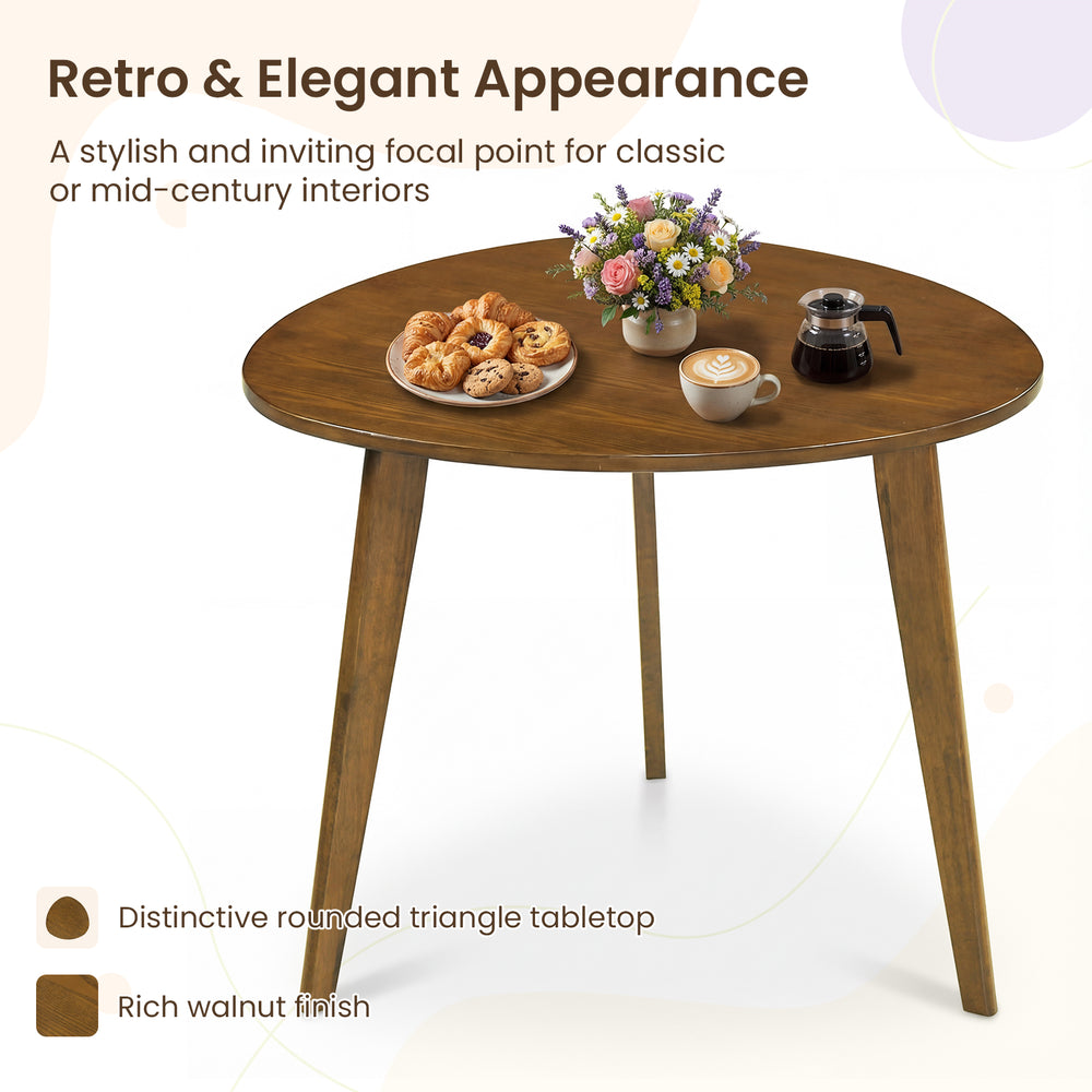Round dining table for 4 in rich walnut finish, featuring a unique triangle-shaped tabletop, ideal for cozy gatherings.