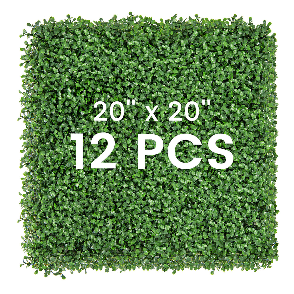 Artificial boxwood wall panel set of 12, each 20"x20", featuring dense leaves and bendable design for versatile use.