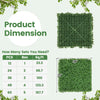 Artificial boxwood wall panel dimensions chart showing 12 pieces, 20 x 20 inches, suitable for indoor and outdoor use.
