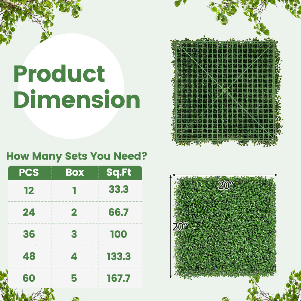 Artificial boxwood wall panel dimensions chart showing 12 pieces, 20 x 20 inches, suitable for indoor and outdoor use.
