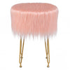 Pink faux fur vanity stool chair with metal legs, offering stylish decor and comfortable seating for bedroom or living.