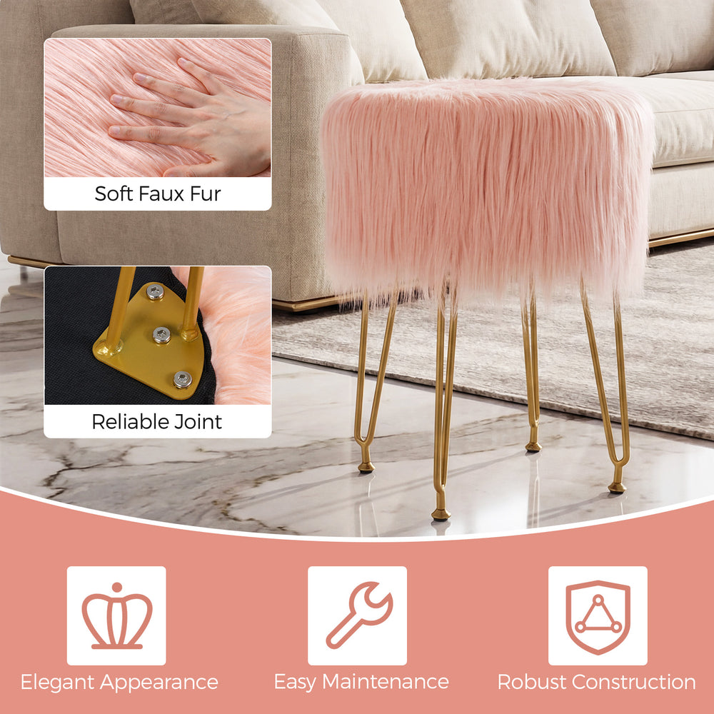Faux fur vanity stool chair in pink with metal legs, featuring a stylish design and sturdy construction for bedroom use.