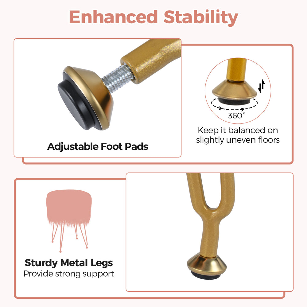 Adjustable foot pads and sturdy metal legs of the pink faux fur vanity stool ensure stability and comfort in any room.