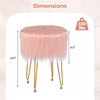Faux fur vanity stool chair in pink with metal legs, 19.5" height, 14.5" diameter, supports up to 330lbs.