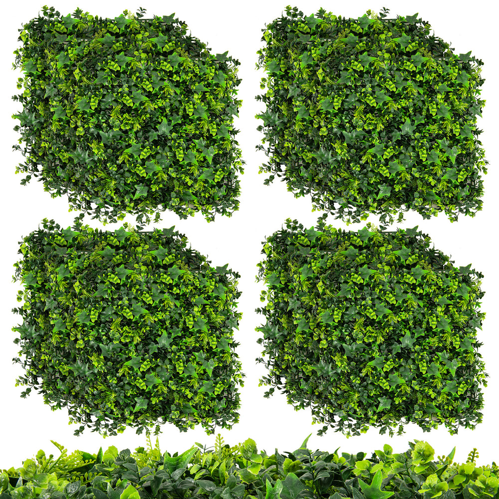 Set of four 20 x 20 inch artificial greenery panels made of durable PE material, ideal for indoor and outdoor.