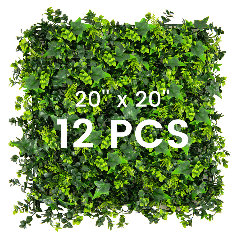 Artificial greenery foliage panel set featuring 12 pieces, 20"x20", made of durable PE material for indoor and outdoor.