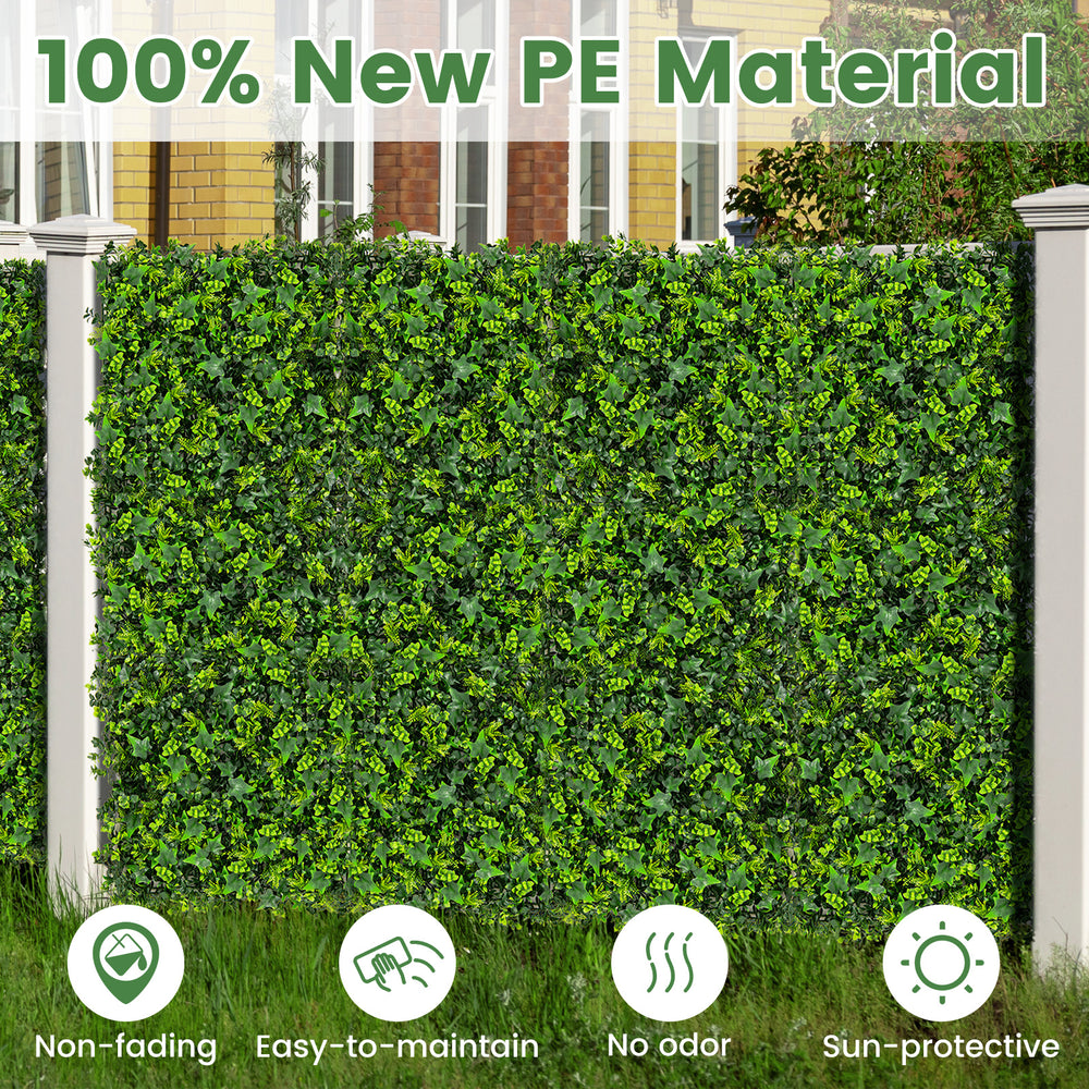 Artificial greenery foliage panels made of 100% new PE material, featuring 6 plant types for versatile outdoor and.