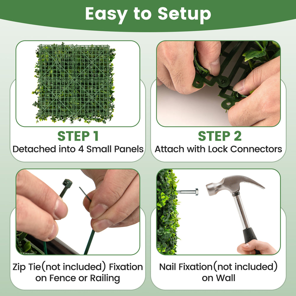 Artificial greenery foliage panels showing easy setup steps for customization and attachment with lock connectors.