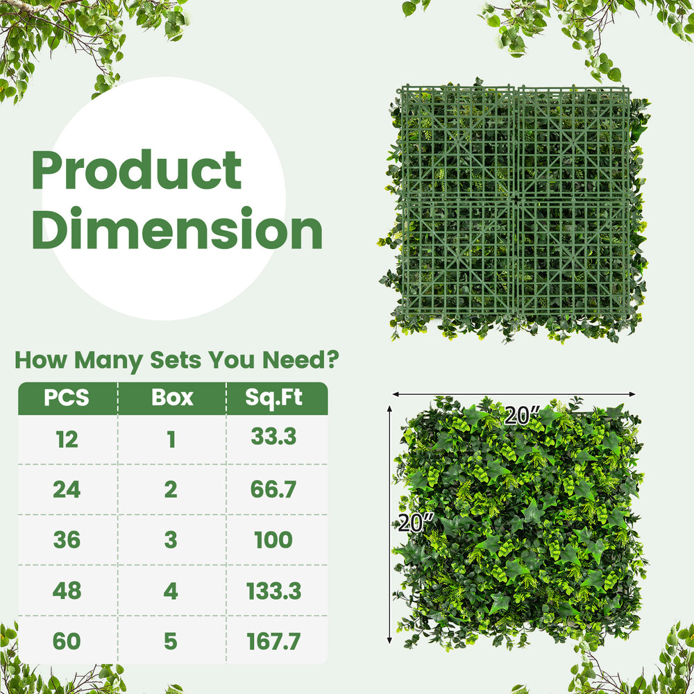 Artificial greenery foliage panels, 12 pieces, 20 x 20 inches, made of durable PE material for indoor and outdoor use.