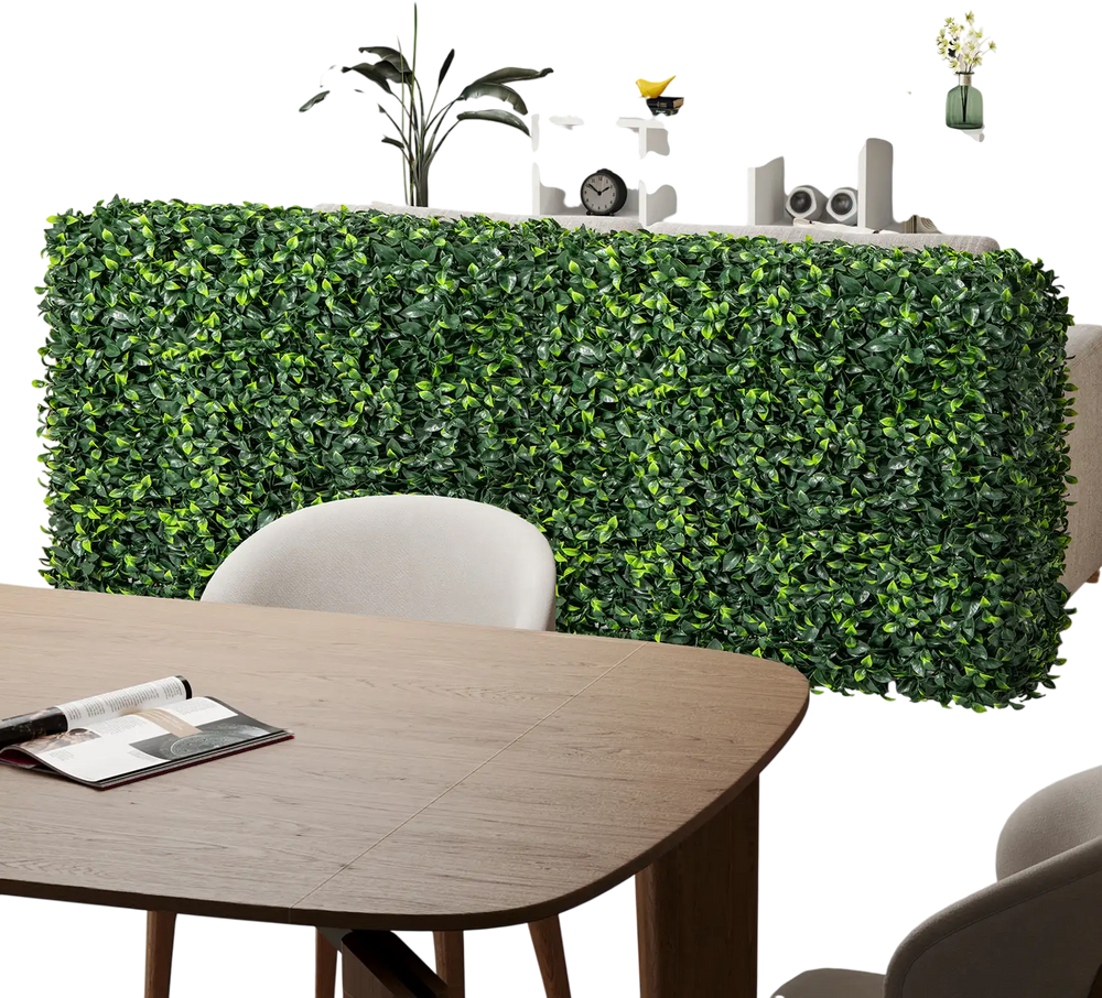Faux greenery room divider hedge wall in a living room, made of durable PE material for stylish privacy and decor.