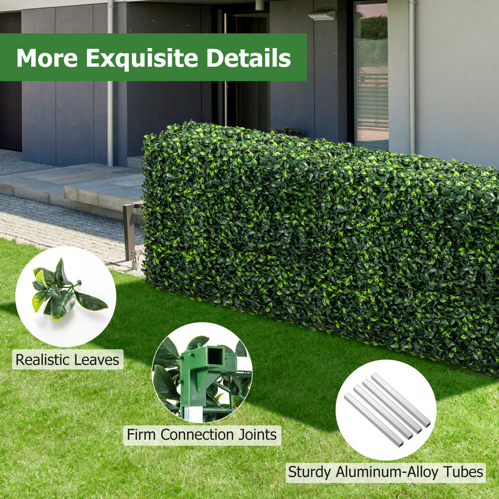 Faux greenery privacy screen with realistic leaves and sturdy aluminum-alloy tubes, ideal for indoor or outdoor use.