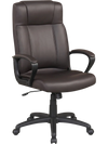 Brown faux leather office chair with ergonomic design, padded armrests, and height adjustable rocking function for comfort.