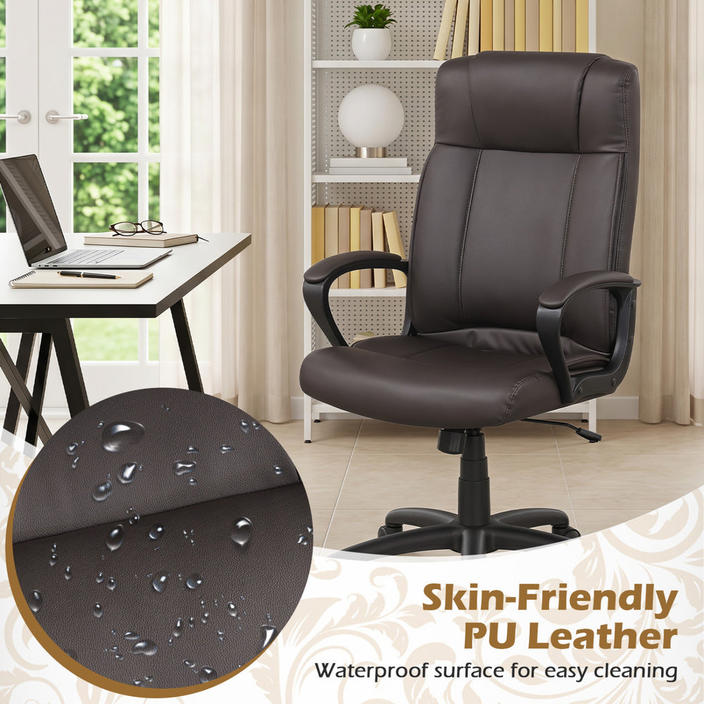 Brown faux leather office chair featuring ergonomic design, padded armrests, and waterproof surface for easy cleaning.