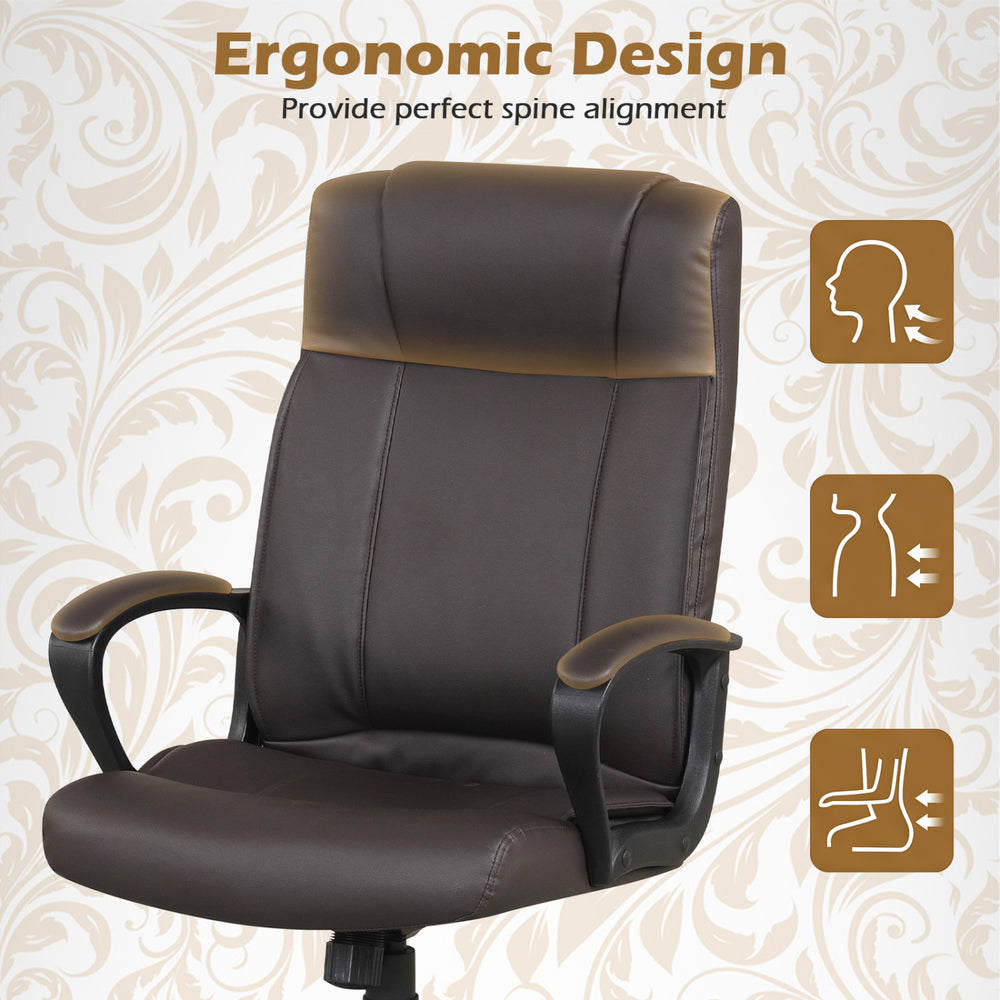 Brown faux leather office chair with ergonomic design, padded armrests, and adjustable height for comfortable seating.