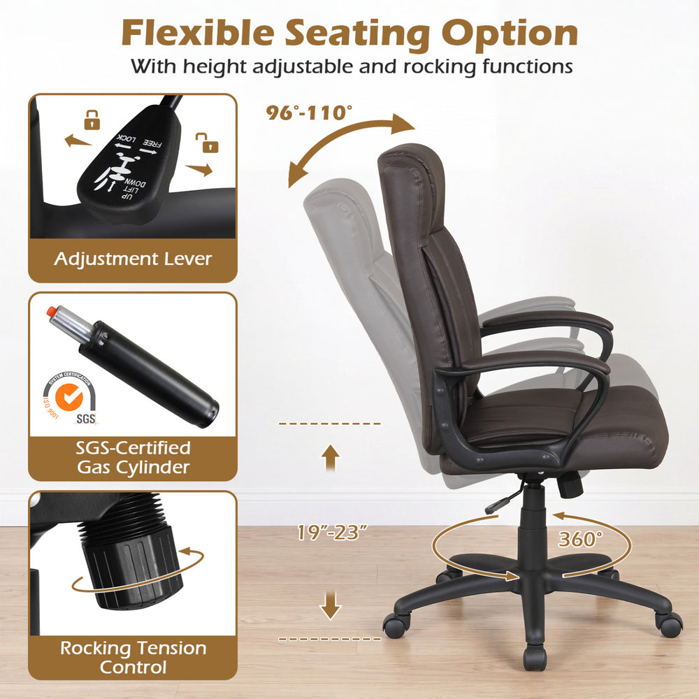 Brown faux leather office chair with ergonomic design, height adjustable and rocking functions for flexible seating.