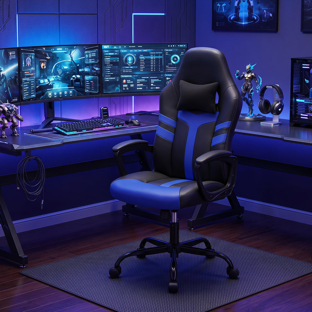Faux Leather Upholstered Office Chair with Removable Head Pillow and Rocking Function-Blue - Gallery View 1 of 10