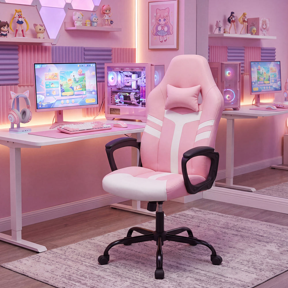 Faux Leather Upholstered Office Chair with Removable Head Pillow and Rocking Function-Pink - Gallery View 1 of 10