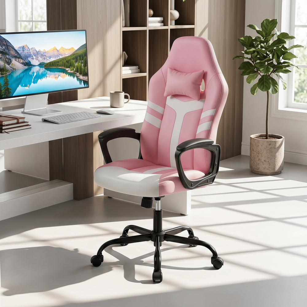 Pink faux leather office chair with ergonomic design, adjustable height, and a wide seat for optimal comfort and support.