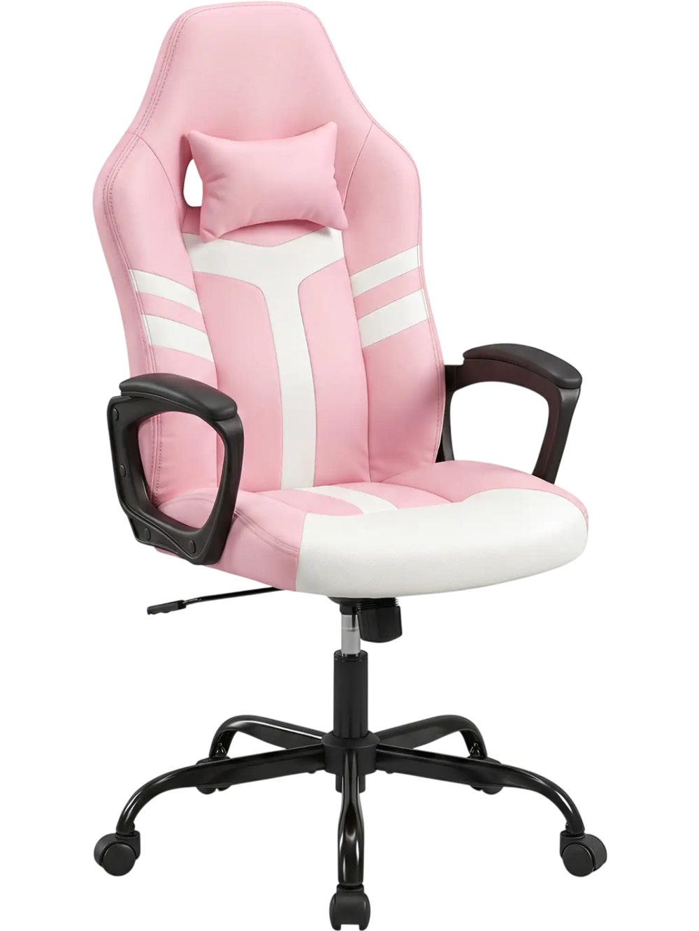 Close-up of the pink faux leather office chair showing soft-padded armrests, high-density sponge padding, and stylish design.