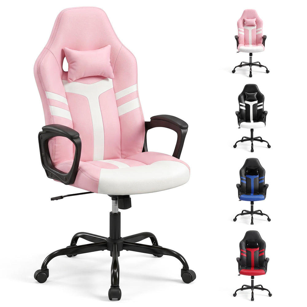 Ergonomic pink faux leather office chair with removable head pillow, high backrest, and rocking function for comfort.