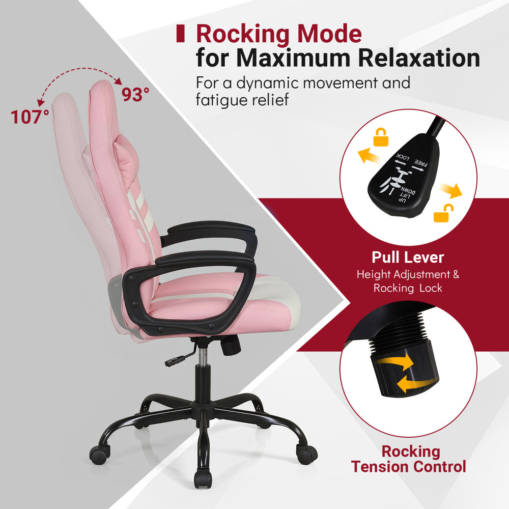 Faux leather upholstered office chair in pink with removable head pillow, ergonomic design, and rocking function for relaxation.