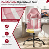 Ergonomic pink faux leather office chair with removable head pillow, high backrest, and soft-padded armrests for comfort.