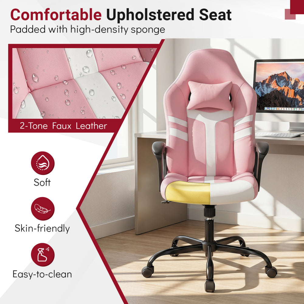 Ergonomic pink faux leather office chair with removable head pillow, high backrest, and soft-padded armrests for comfort.