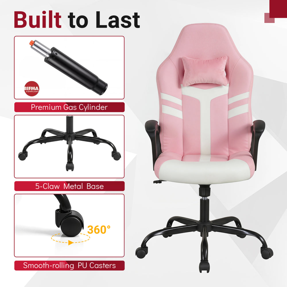 Ergonomic pink faux leather office chair features a removable head pillow, high backrest, and smooth-rolling PU casters.